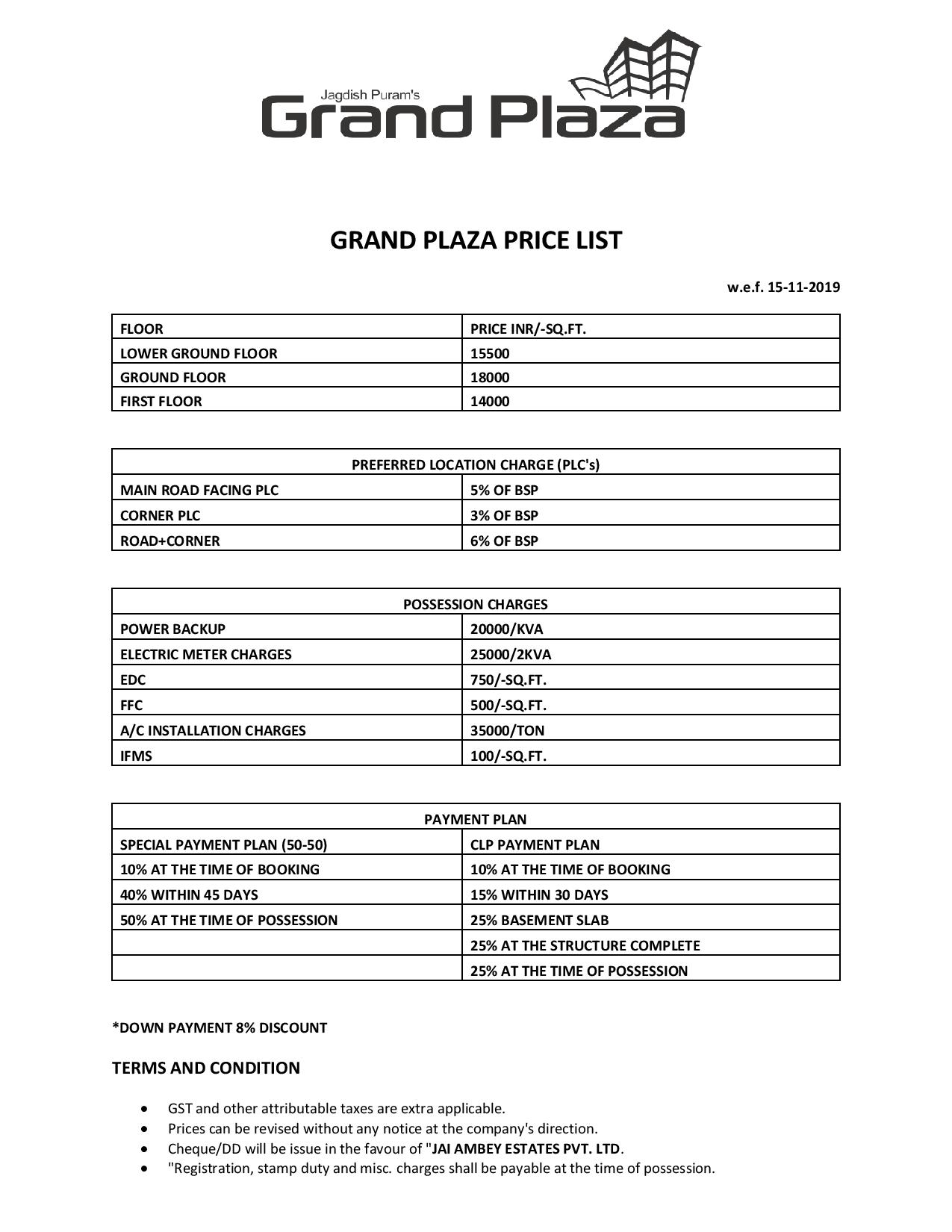 Jai Ambey Grand Plaza Price List